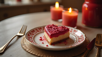 A slice of heart-shaped cheesecake sits on a decorative plate, surrounded by lit candles in warm tones, creating a cozy and inviting atmosphere