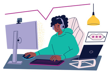 Vector illustration of gamer playing computer game, using desktop and laptop, with gaming keyboard and mouse. Female streamer in gaming chair, live streaming her gameplay, isolated colored clipart