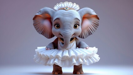 A cute cartoon elephant with big round eyes, standing upright, wearing a white ballet-style dress costume, adorned with sparkling sequins.