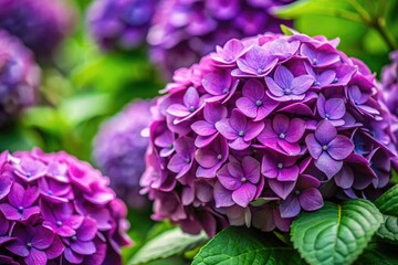 Macro view: vibrant purple hydrangea blooms explode with summer color, showcasing exquisite floral detail.