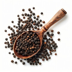 Fresh black peppercorns displayed in a small wooden spoon.