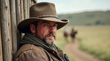 A rugged man in a brown hat leans against a wooden wall, gazing thoughtfully into the distance with grassy fields and riders behind him