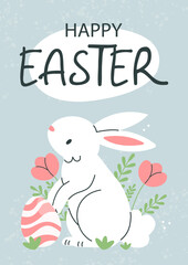 Easter postcard poster with a white rabbit, flowers and Easter eggs and text Happy Easter on a blue background. Vector illustration template.