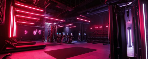 Modern neon-lit gym interior with cardio machines and strength training equipment