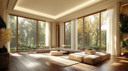 Fototapeta premium Modern, sun-drenched living room with expansive park views