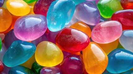 Vibrant close-up of colorful jelly beans in assorted shapes and flavors