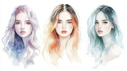 Naklejka premium Collection set watercolor female portraits 