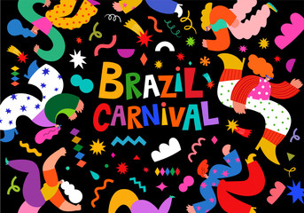 Beautiful holiday vector illustration with dancing people. Design for holiday celebration, Brazil Carnival or party