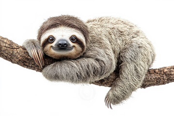 Fototapeta premium Cute brown and white sloth is resting on a tree branch. The sloth is smiling and he is enjoying its time on the branch