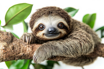 Fototapeta premium Cute brown and white sloth is resting on a tree branch. The sloth is smiling and he is enjoying its time on the branch