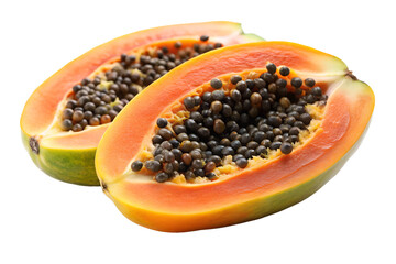 halved papaya with black seeds exposed on a isolated on transparent background png