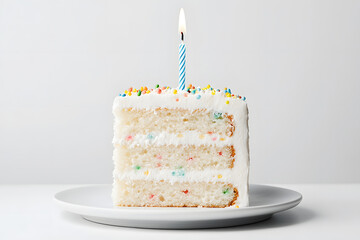 Appetizing piece of birthday cake on a plate with one burning candle  isolated on white background