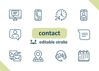 Contact icons. Contact us, social media, message, communication vector icon set
