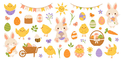 Cute Easter elements set. Easter bunny, chicks and eggs. Flat vector isolated illustration © Eclair_A