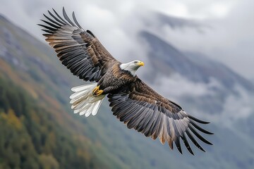 Obraz premium Majestic Bald Eagle Soaring Above Mountainous Terrain