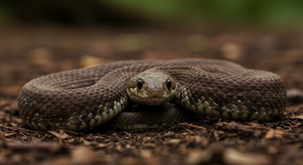 Brown snake coiled on forest floor staring intensely forward