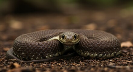 Fototapeta premium Coiled snake with mesmerizing eyes stares directly at the camera