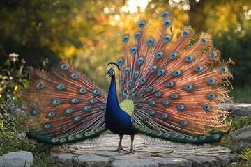 Obraz premium Majestic Peacock Displays Its Stunning Tail Feathers