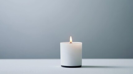 Lit White Candle on Neutral Background