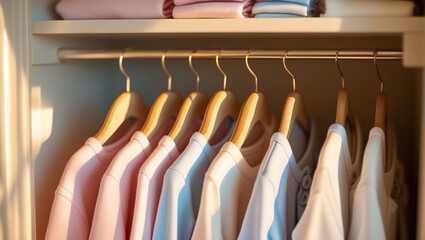 Wooden Baby Hangers with Pastel Clothes in a Cozy Wardrobe
