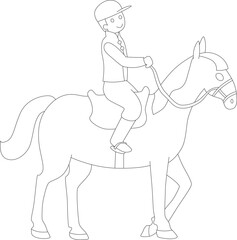 young man in rider uniform smiling and sitting on horse side view