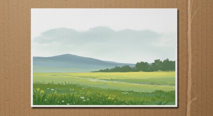 Serene landscape with rolling hills and lush green fields under cloudy sky