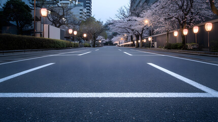 A serene, empty parking lot in Japan at dawn, featuring neatly painted white lines and minimalist signage. The asphalt is smooth and pristine, reflecting the soft glow of traditional Japanese