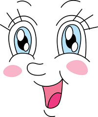 smiling happy face with blue shiny eyes with eyelashes and rosy cheeks