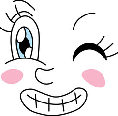 smiling happy face with blue shiny eyes with eyelashes with one winking eye and rosy cheeks