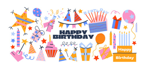 Set cartoon birthday stickers. Holiday gifts, balloons, cake. Retro gifts, celebration labels.Funky hipster stickers in 90s style. Vector happy birthday set, trendy promo labels