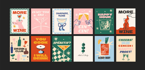 Posters with alcoholic cocktails for the kitchen and cards for the party. Drinks in glass jars and glasses. Wall decor for cafes, restaurants. Gift cards with champagne, gin tonic in cartoon 90s style