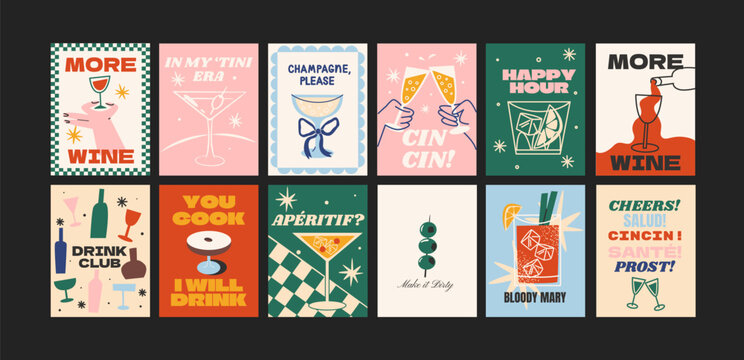 Posters with alcoholic cocktails for the kitchen and cards for the party. Drinks in glass jars and glasses. Wall decor for cafes, restaurants. Gift cards with champagne, gin tonic in cartoon 90s style