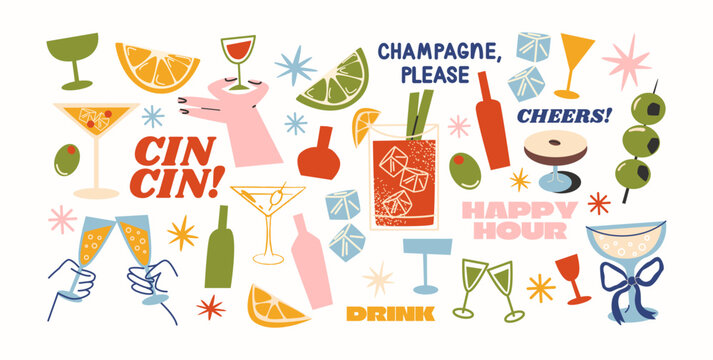 Cartoon stickers cocktails in glass jars and glasses, set of alcoholic drinks and fruits. Retro cans of refreshing drinks with ice for party. cocktail ingredients. trending doodle stickers