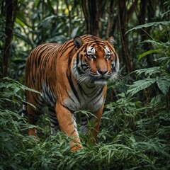 Obraz premium Tiger Walking Through a Jungle A majestic tiger prowling through dense, misty jungle foliage. Tiger Walking Through a Jungle Majestic tiger in dense tropical forest with fog, wildlife, wild animal.