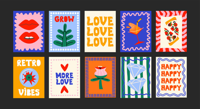  Abstract posters in a minimalist style. Wall decor, trendy banners of summer, flowers , cocktails, disco, animals in the cartoon style of Matisse. Decor of wallpaper, walls, print and postcards