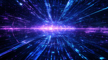 Obraz premium Abstract Digital Data Streams with Neon Blue and Purple Light Effects Representing Cyber Networks and High-Speed Information Transfer
