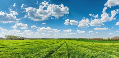 Obraz premium young grass field meadow and blue sky with white clouds on bright sunny day summer landscape