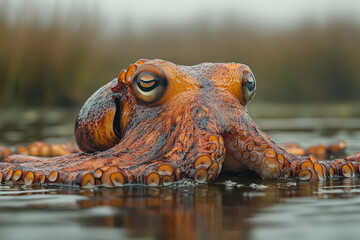 Close up of an octopus with orange eyes and blue skin. The octopus has many small eyes and a large mouth