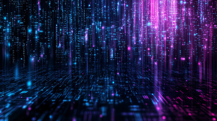 Abstract Digital Data Streams with Neon Blue and Purple Light Effects Representing Cyber Networks and High-Speed Information Transfer