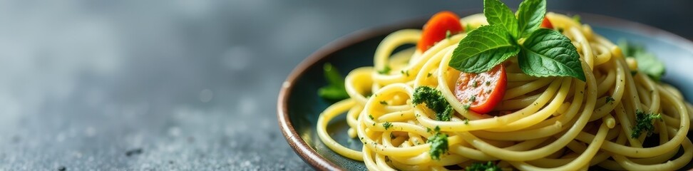 Close-up of vegetarian spaghetti pesto on grey backdrop ?Textured pasta strands , food styling, plate