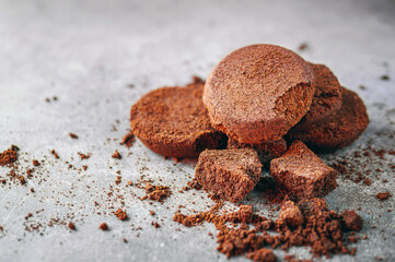 Close-up of coffee grounds from espresso machine. coffee ground on gray background