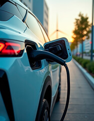 Eco power. Modern electric car getting electricity from renewable energy sources, car charging process close-up