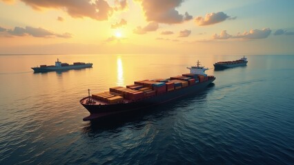 Fototapeta premium Majestic dark-brown container ship dominates the open waters, with rows of towering containers stacked gracefully, hinting at tales of global trade winds