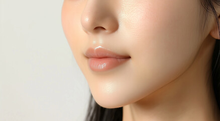 綺麗なアジア人女性モデルの中顔面のクローズアップ。肌が綺麗な頬とピンク色の唇が魅力の美容ポートレート。	