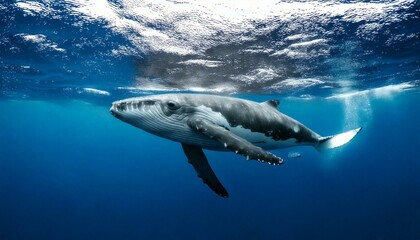 A playful baby humpback whale gracefully arches near the ocean’s surface, creating ripples in the shimmering blue water