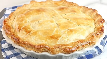 Golden Brown Homemade Chicken Pot Pie with Flaky Crust on Plaid Towel in White Ceramic Dish