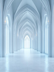 Fototapeta premium A long hallway featuring white gothic arches and windows leading to a bright, distant light..