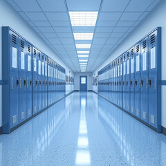 Fototapeta premium A clean, blue-toned hallway lined with lockers stretches towards a distant door, illuminated by a grid of fluorescent lights above..