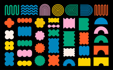 Abstract geometric shapes and icons. Colorful groovy brutal figures. Modern Swiss design aesthetic.