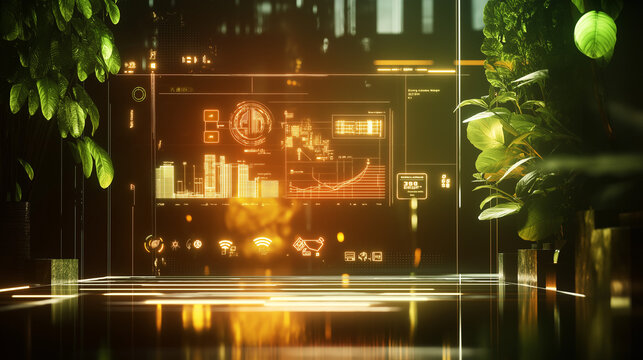 A holographic 2025 roadmap with technology, finance, and sustainability icons